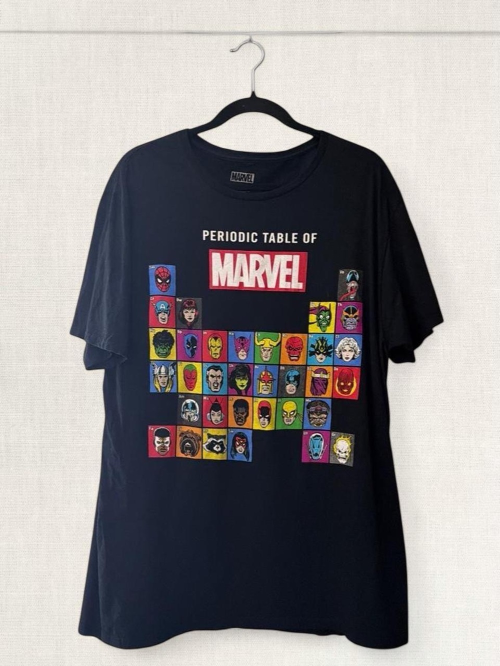 Marvel Black Tee with Colorful Character Periodic Table Grid
